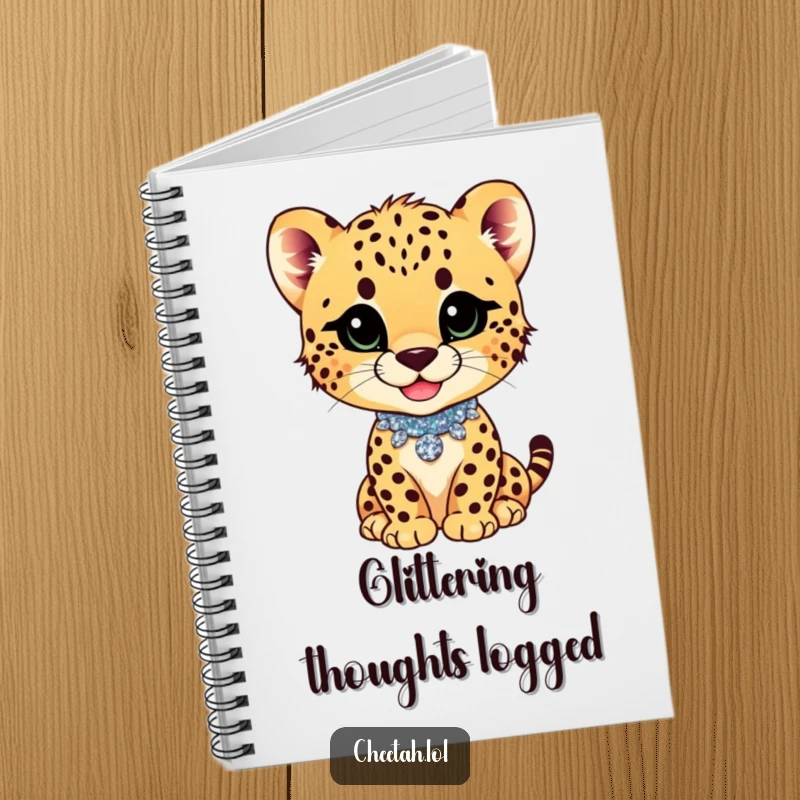 Funny cheetah cub with a playful smirk and glittery collar on a notebook cover, ready for daring ideas.
