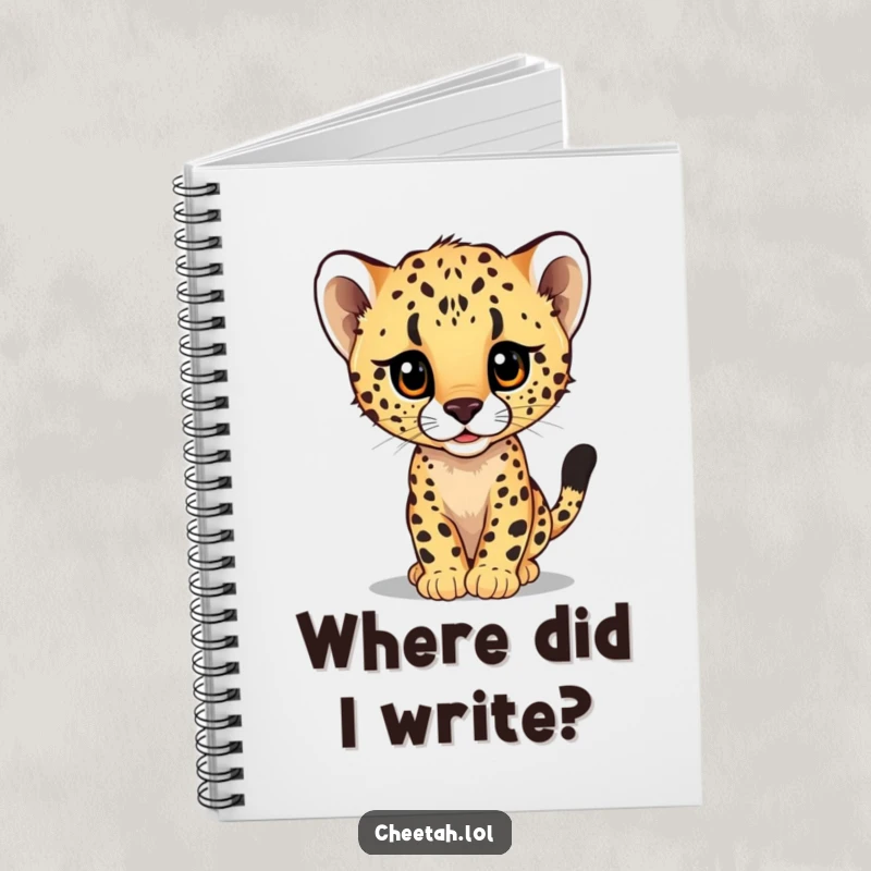 Funny notebook featuring a cheetah cub peeking from a large, fast blur, designed for capturing quick thoughts and ideas.