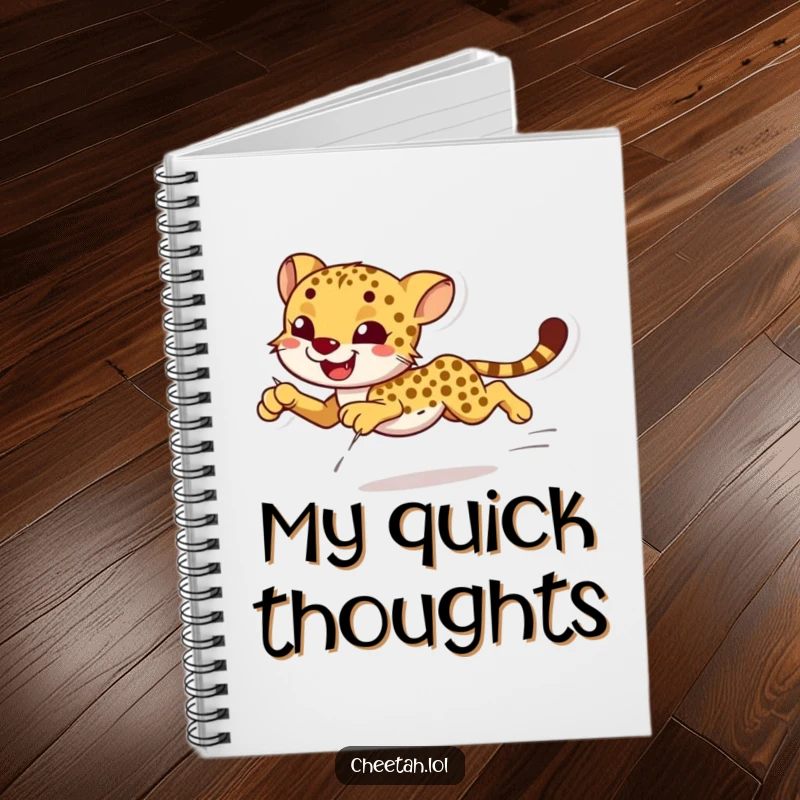 Funny smiling cheetah sprinting with effortless grace on a notebook, ideal for journaling.