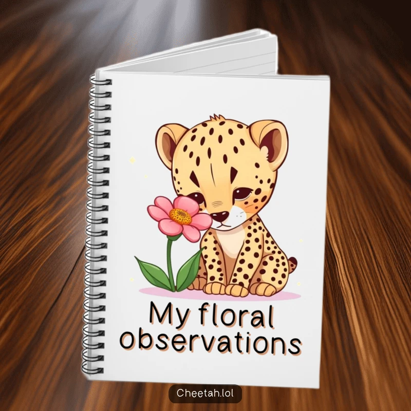 Funny cheetah cub notebook with a curious cub sniffing a desert flower. For notes.