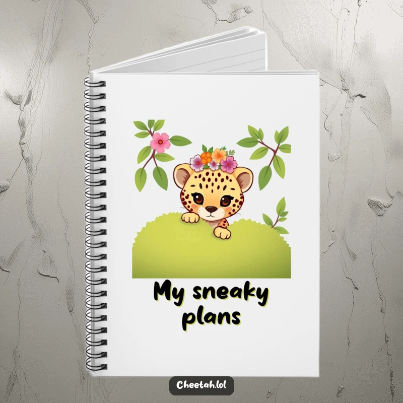 Funny mischievous cheetah cub wearing a floral crown peeking, this notebook inspires playful thoughts and creativity.