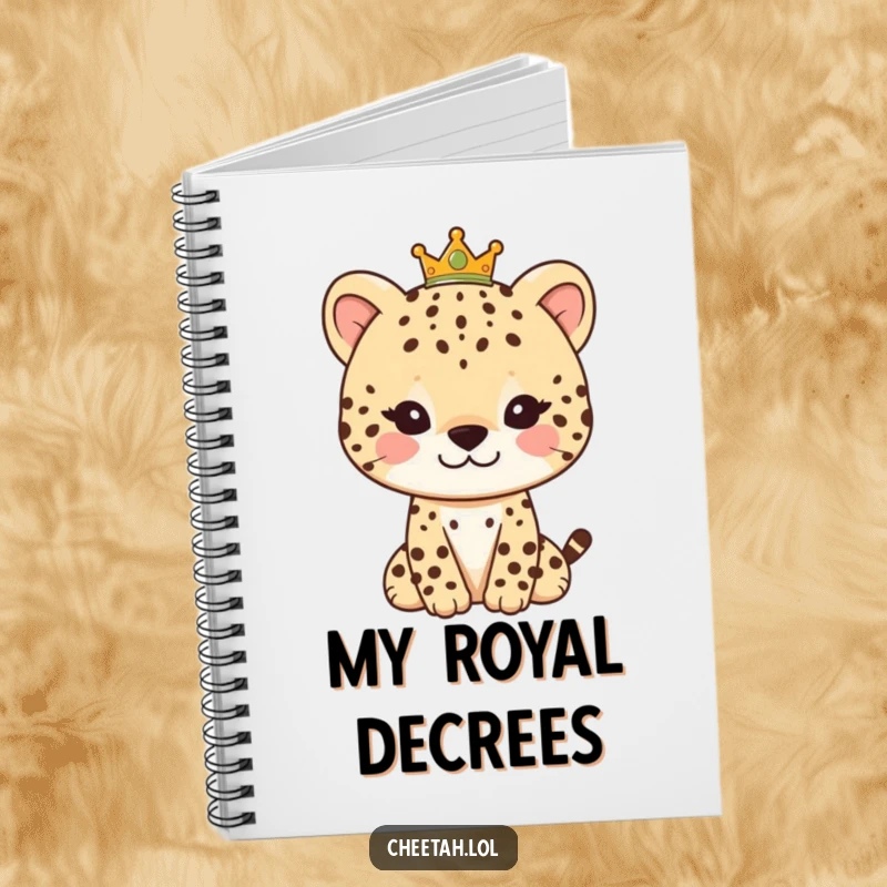 Funny notebook with a gentle cheetah character, a soft smile, and a tiny crown, perfect for jotting down royal decrees.