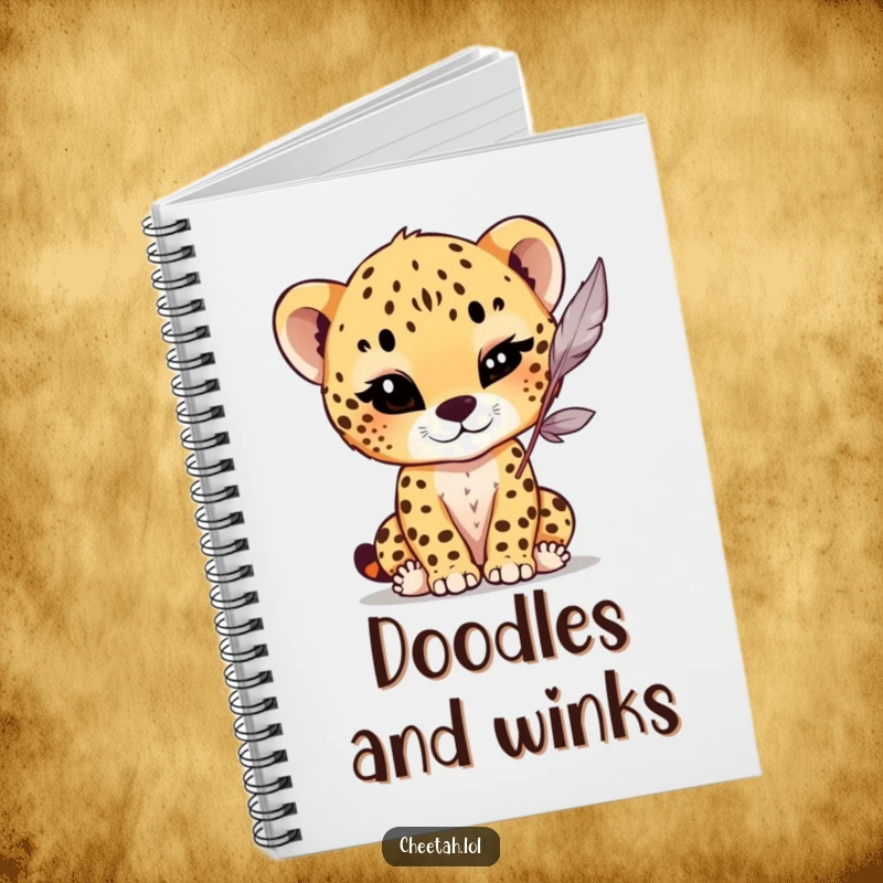Funny Notebook featuring a cheetah cub with a playful wink, batting at a dangling feather, for jotting down playful ideas and funny notes.