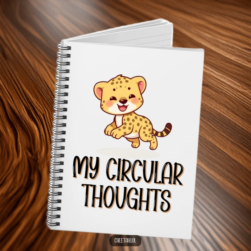 Funny cheetah cub notebook with a smiling cub chasing its tail in a circle. For notes.