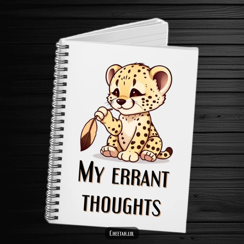 Funny cheetah cub notebook with a playful cub batting at a dangling feather, inspiring curiosity.