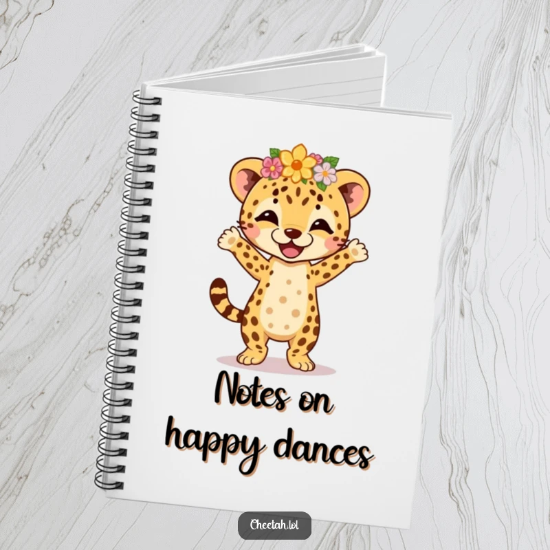 Funny cheetah cub wearing a flower crown, joyfully performing an energetic jig, designed on a notebook cover for jotting down notes with a smile.