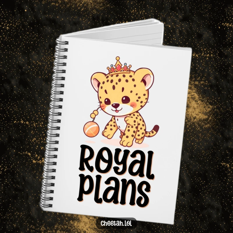 Funny cheetah cub notebook featuring a royal cub with a tiara, playfully chasing a toy, perfect for jotting down ideas.