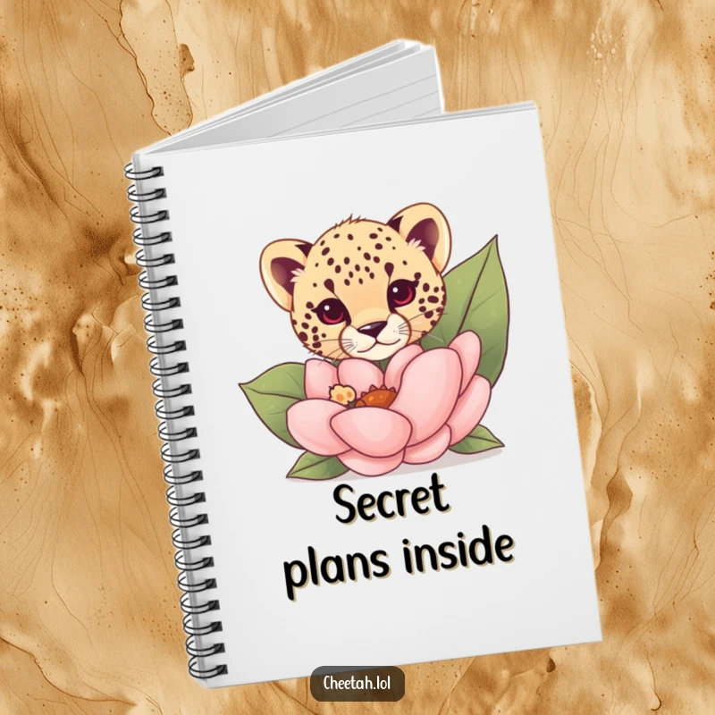 Funny cheetah cub peeking from behind a giant flower on a notebook cover, ready for writing ideas.