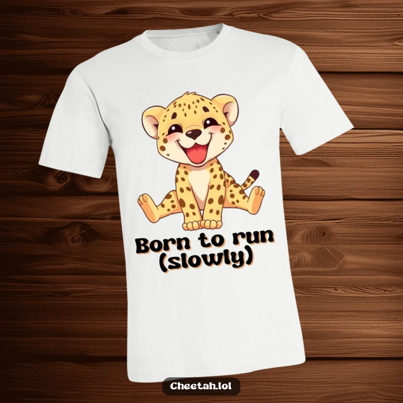Funny cheetah cub t-shirt showing a happy cub grinning while stretching its long legs, full of playful energy. A great gift.