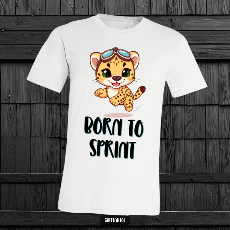 Funny cheetah cub t-shirt showing a cute cub in racing goggles, speeding with a grin, representing fast-paced fun.