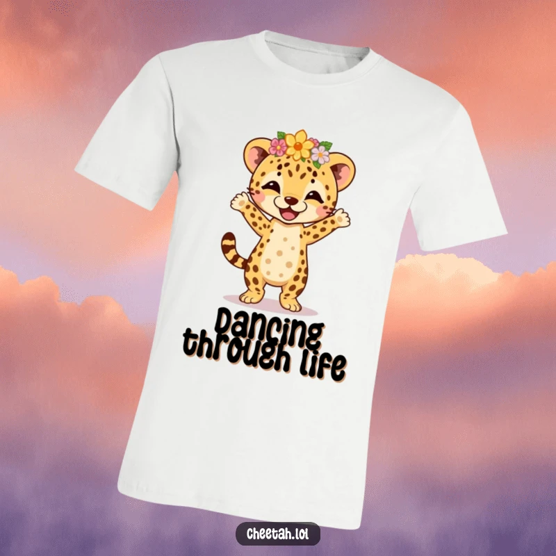 Funny t-shirt graphic of a cheetah cub wearing a flower crown, energetically performing a joyful jig with a happy expression.