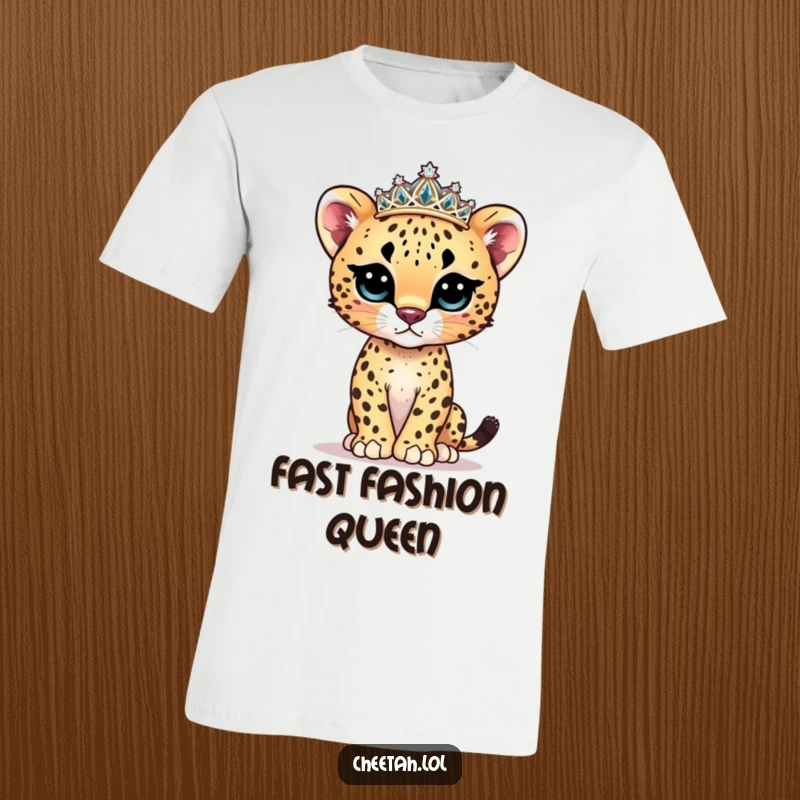 Funny cheetah cub model t-shirt featuring a cute cub in a sparkly tiara, posing like a supermodel.