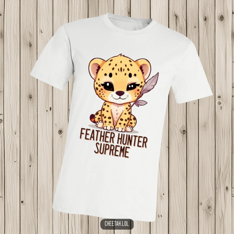 Funny T-Shirt depicting a cheetah cub giving a playful wink while batting at a dangling feather, exuding charm and lighthearted mischief.