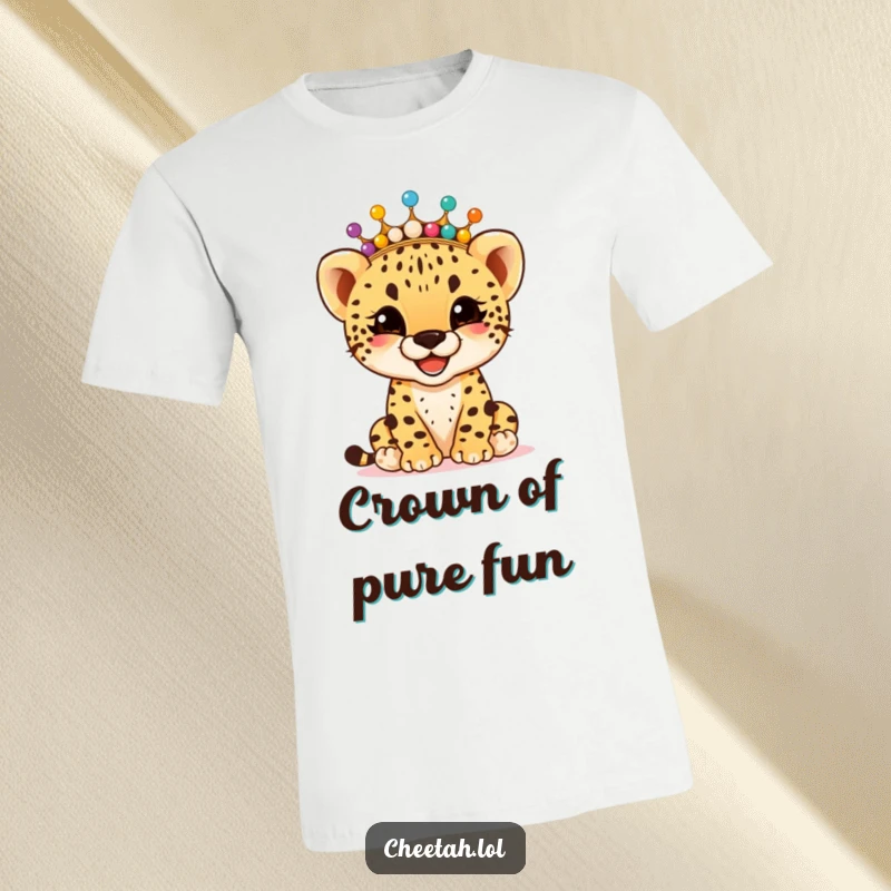Funny giggling cheetah cub wearing a crown of colorful beads, on a soft t-shirt, spreading happiness, a fantastic funny gift.