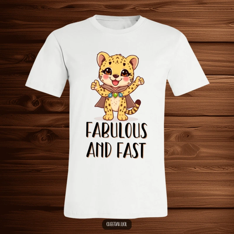 Funny cheetah cub striking a triumphant pose in a glittering sequined cape, perfect for a funny gift t-shirt.