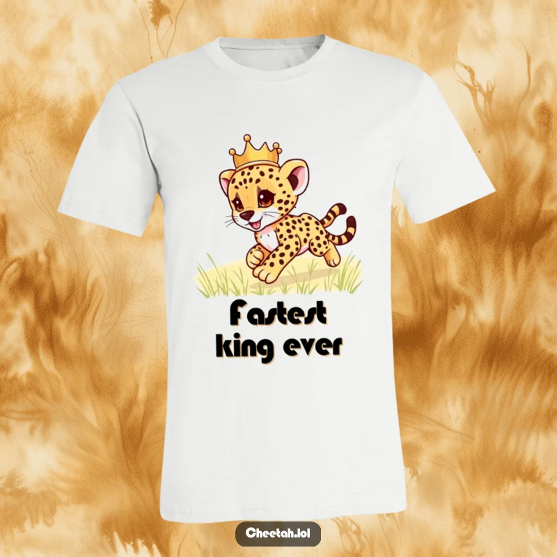Funny cheetah cub wearing a crown, full of playful energy, zooming across a field, printed on a soft t-shirt, a great funny gift.
