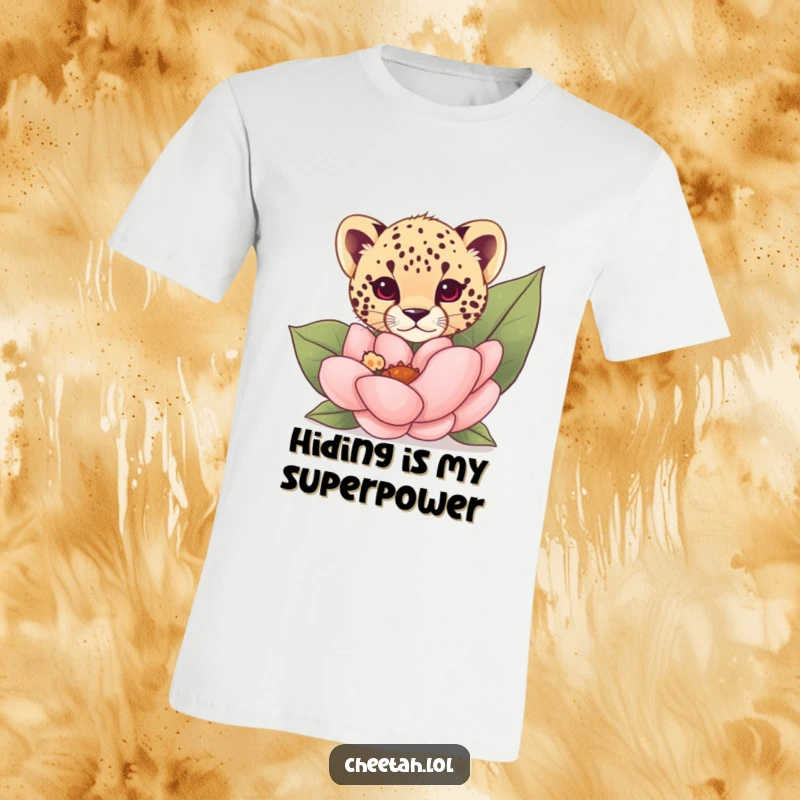 Funny cheetah cub peeking from behind a giant flower on a t-shirt, showcasing curiosity and cuteness.