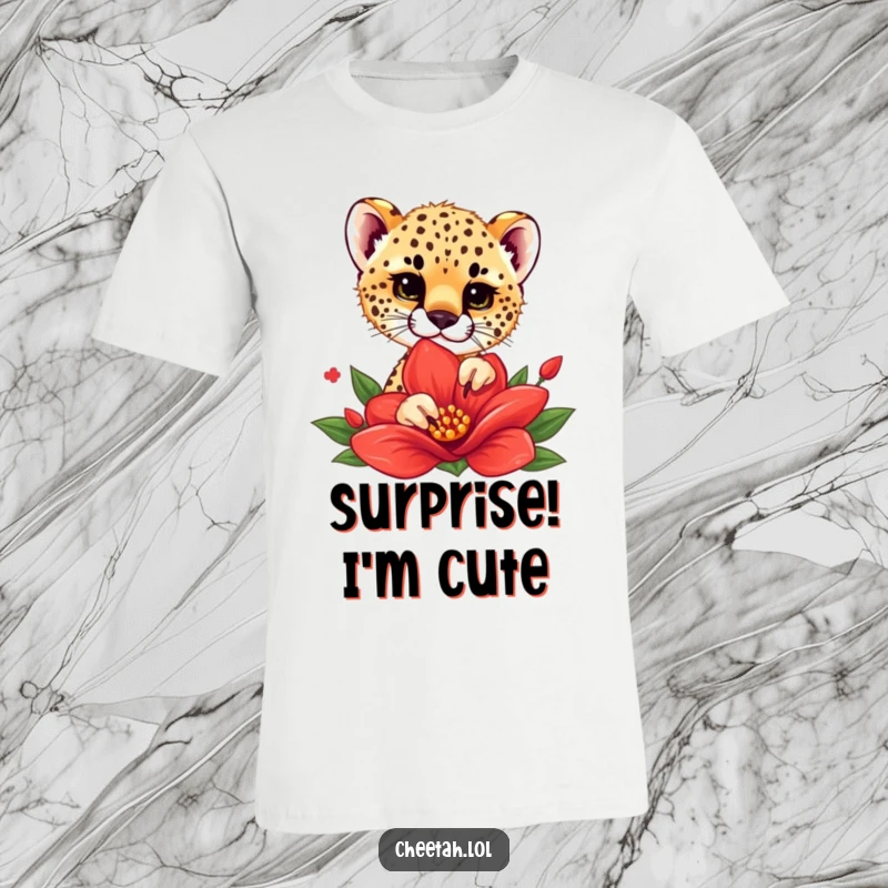 Funny t-shirt with a cheetah cub playfully peeking out from behind a bright red flower, embodying curiosity and charm.