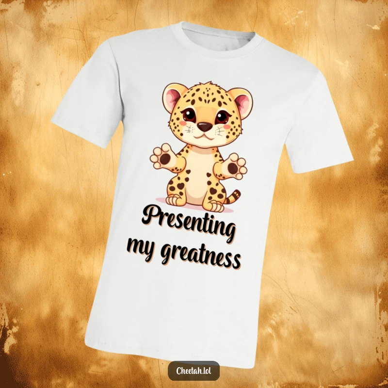 Funny cheetah cub with paws extended, offering a prize on a t-shirt, symbolizing achievement and generosity.