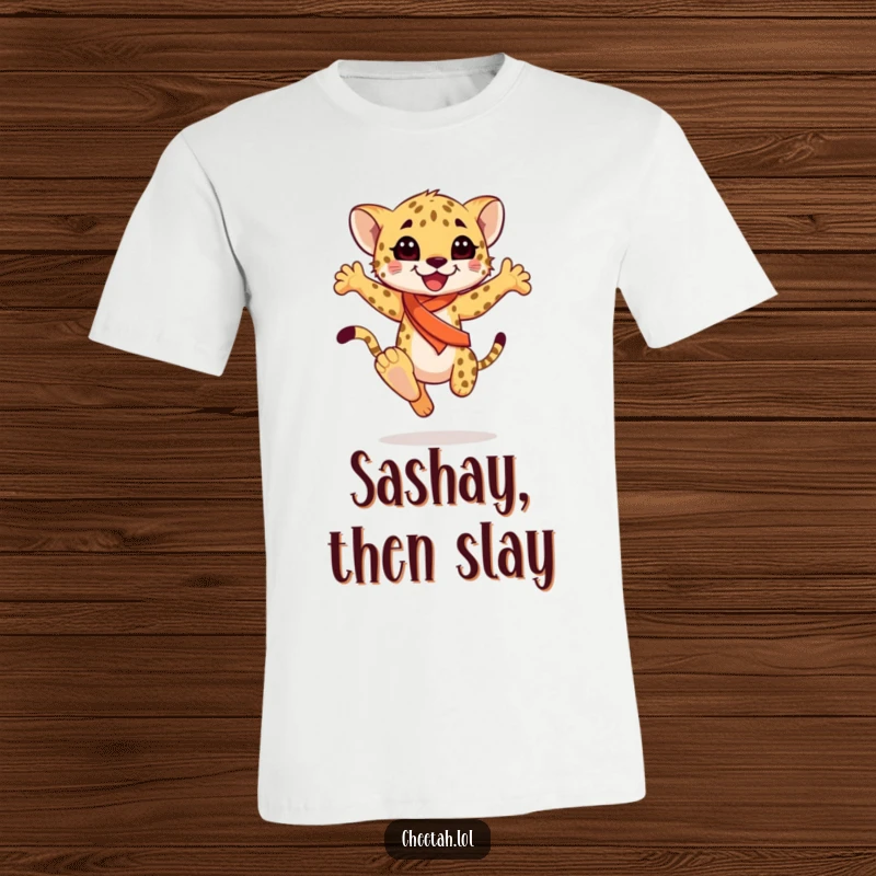 Funny happy cheetah cub wearing a sash, mid-graceful leap, on a soft t-shirt, celebrating joy, a fantastic funny gift.