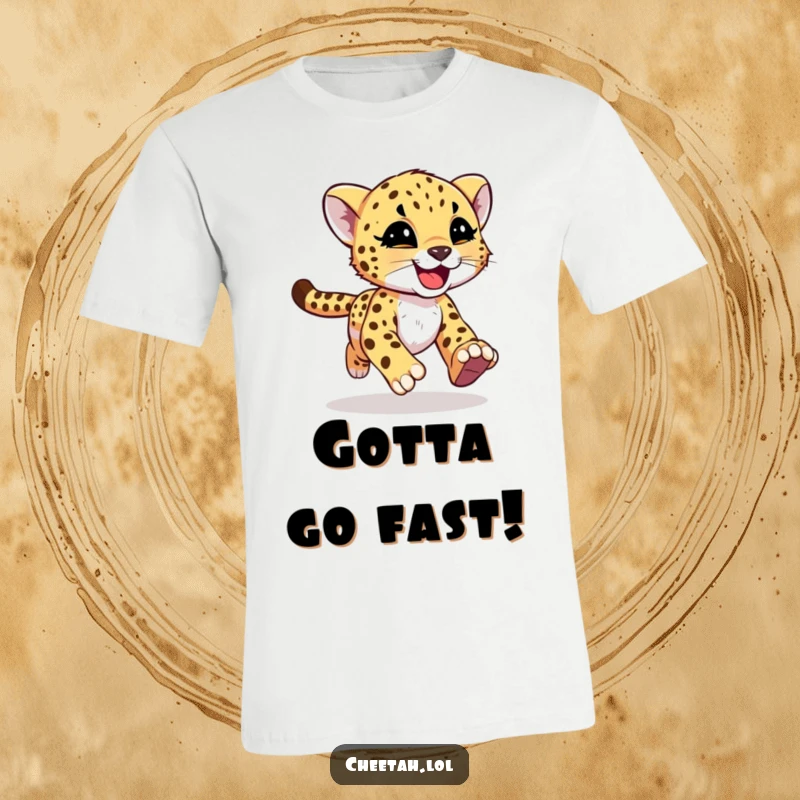 Funny cheetah cub with motion streaks running freely on a t-shirt, capturing playful energy for screen readers.