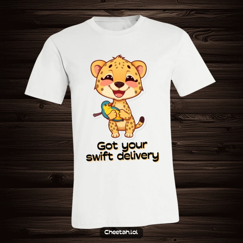 Funny cheetah t-shirt featuring a wide grin while transporting a small, vibrantly colored bird, conveying playful mischief.