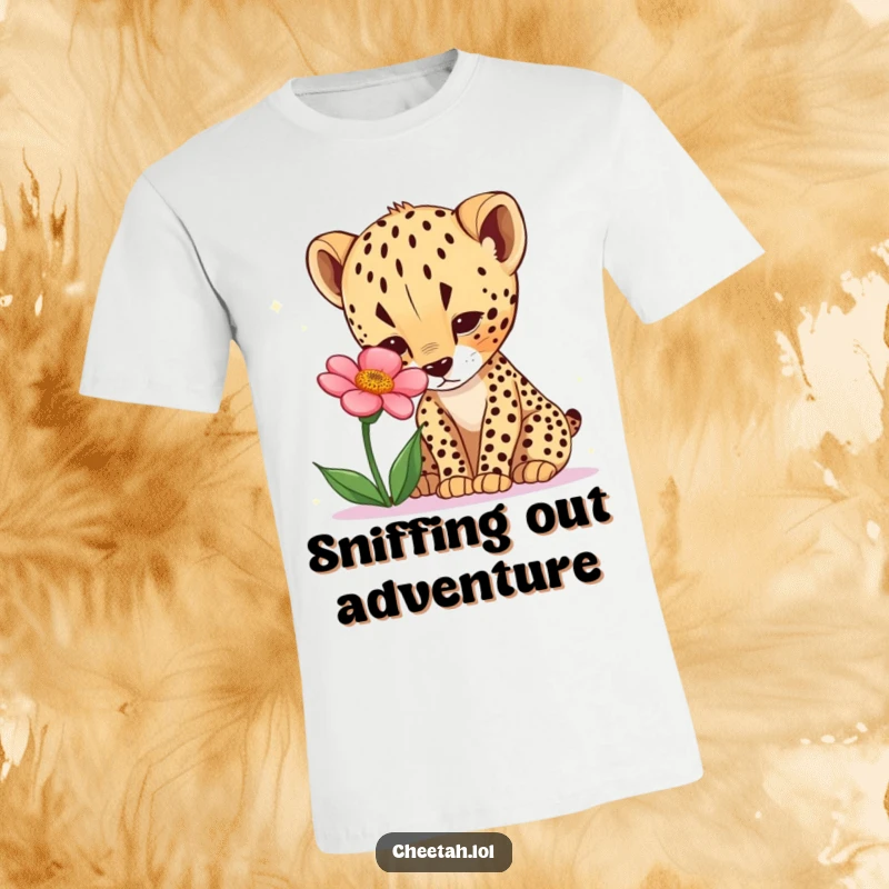 Funny cheetah cub t-shirt with a curious cub sniffing a desert flower. Nature-inspired apparel.