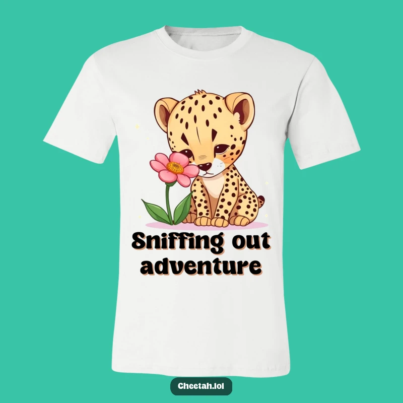 Funny Curious Cheetah Cub Flower Tee - Explore Nature with Humor!