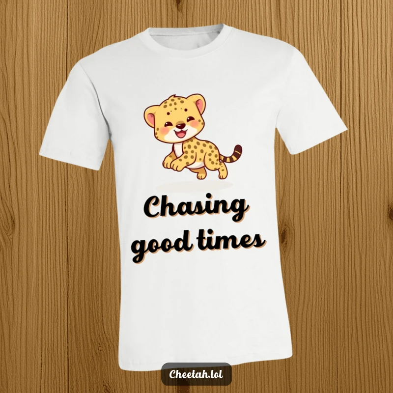 Funny cheetah cub t-shirt with a smiling cub chasing its tail in a circle. Playful design.