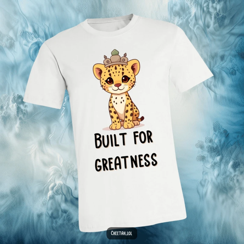 Funny proud cheetah cub adorned with a stone crown, standing tall and majestic on this strong t-shirt.