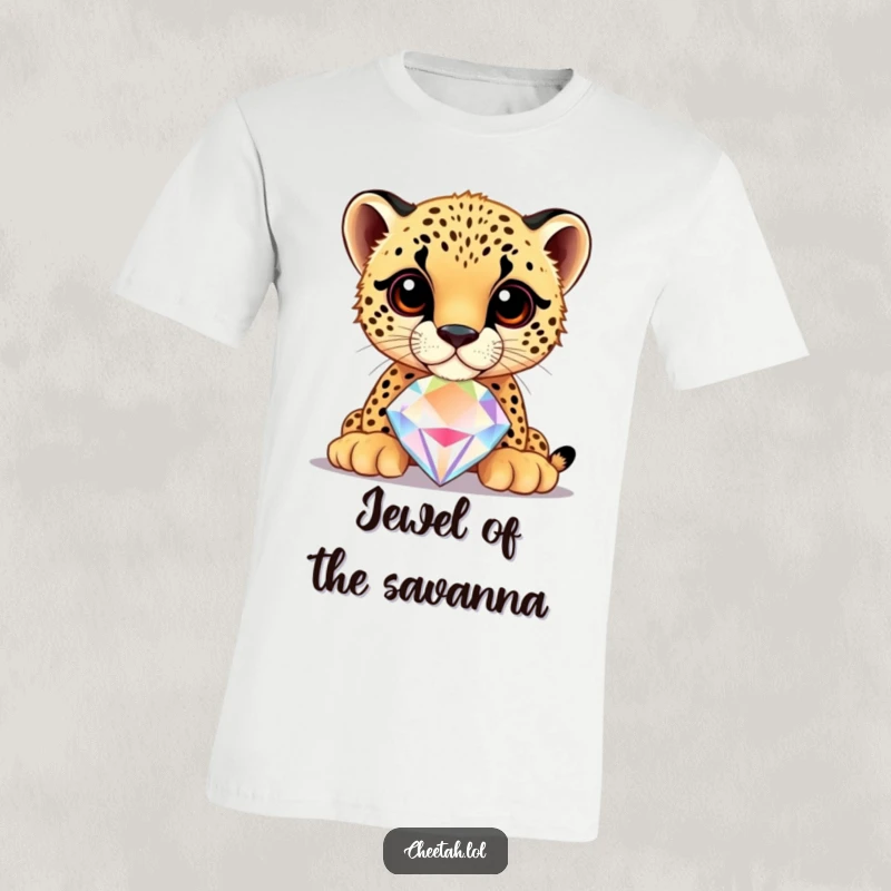 Funny cheetah cub balancing a large, shiny jewel on its nose, printed on a t-shirt, highlighting charm.