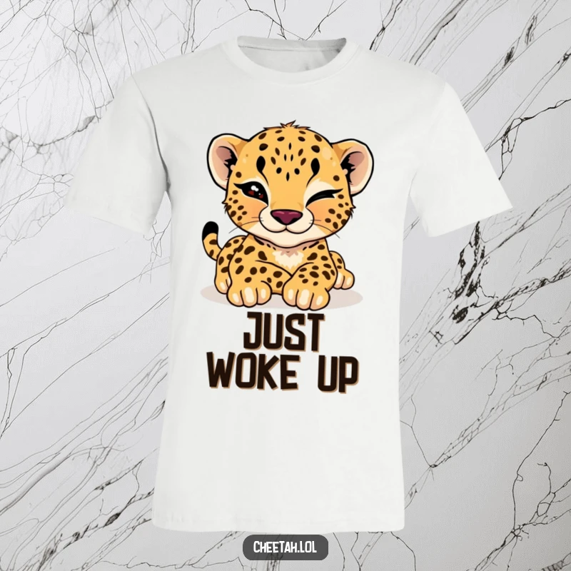 Funny cheetah cub t-shirt showcasing a languidly stretching cub giving a mischievous wink, embodying effortless cool and playful confidence.