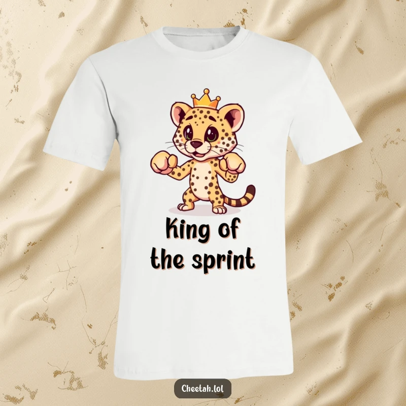 Funny cheetah in a boxing stance, wearing a jaunty crown, looking fierce and playful on a t-shirt.