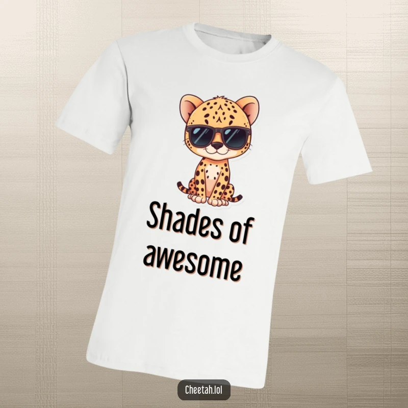 Funny kawaii cheetah wearing sunglasses, posing confidently on a t-shirt, great for animal lovers.