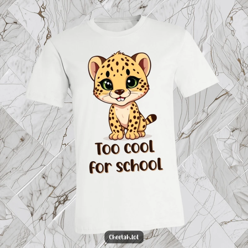 Funny cheetah cub striking a sleek, stylish pose with a confident grin, a fashionable and humorous design for a t-shirt.