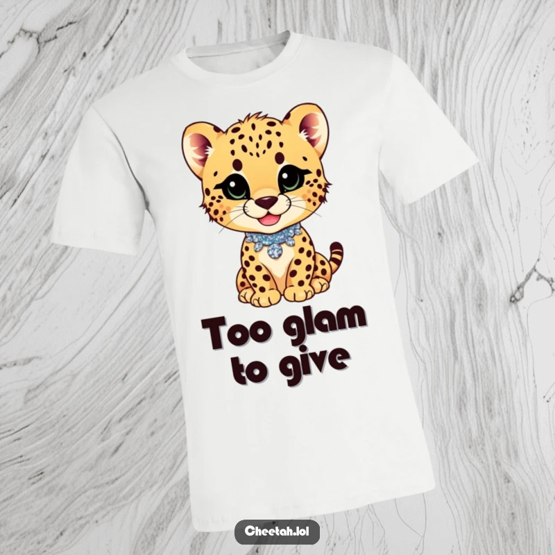 Funny cheetah cub with a playful smirk and glittery collar on a t-shirt, embodying sassy confidence.