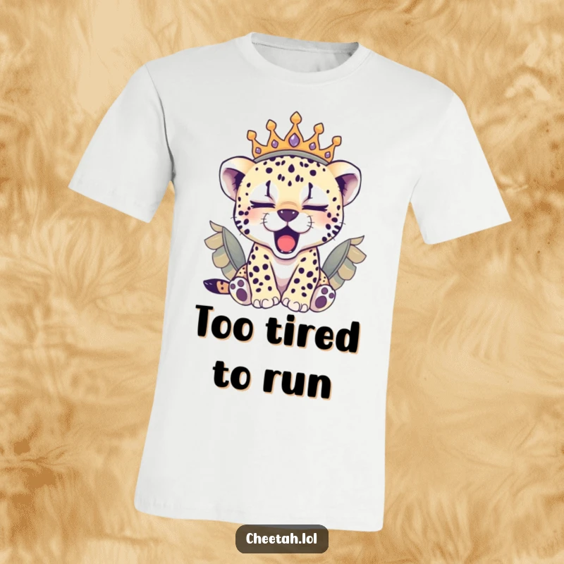 Funny sleepy cheetah cub in a majestic feathered crown yawning, a cozy and funny t-shirt gift.