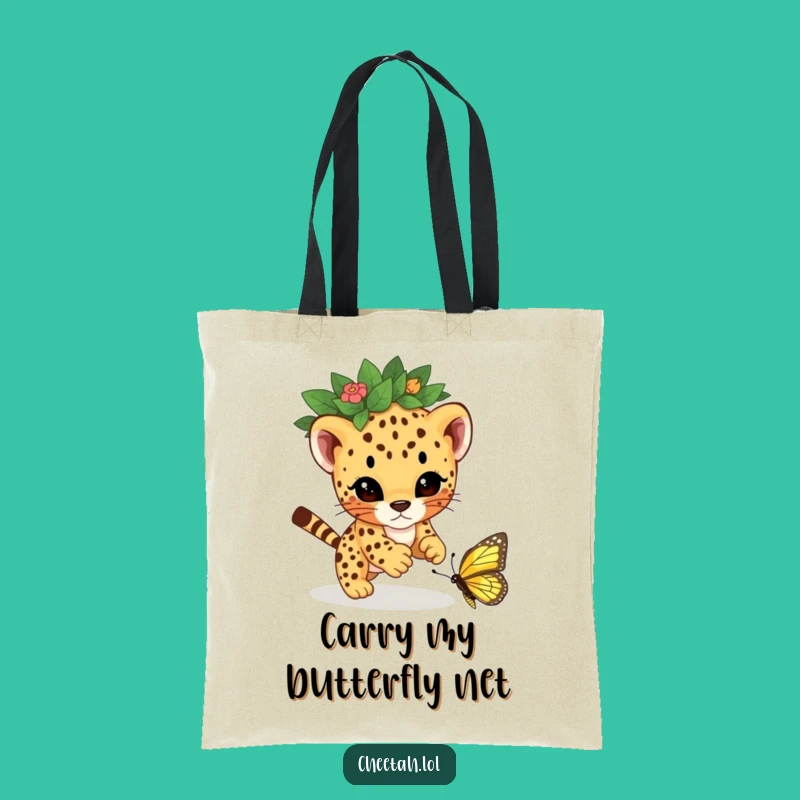 Funny Cheetah Cub Butterfly Pounce Tote Bag - Stylish Leafy Gift