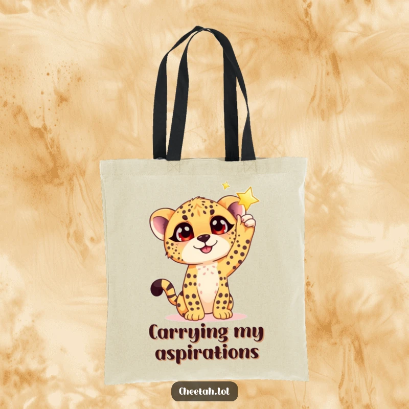 Funny tote bag illustrating a hopeful cheetah cub with wide, happy eyes reaching for a shimmering star, perfect for daily use.