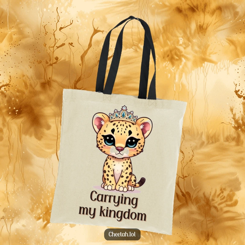 Funny cheetah cub model tote bag featuring a cute cub wearing a sparkly tiara and striking a pose.