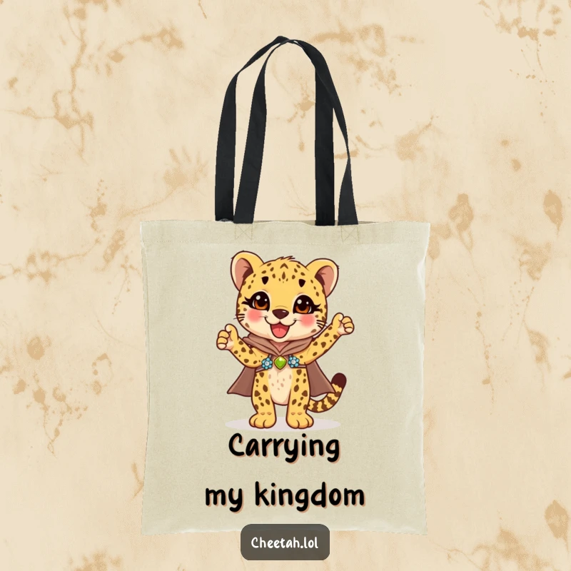 Funny cheetah cub in a shiny sequined cape striking a proud, triumphant pose, this tote bag is a heroic gift.