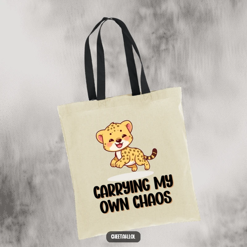 Funny cheetah cub tote bag with a smiling cub chasing its tail in a circle. Cute accessory.