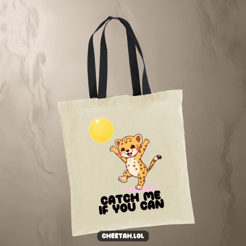 Funny cheetah cub tote bag, mid-cartwheel under a sunny sky, packed with personality and playful energy for a humorous accessory.