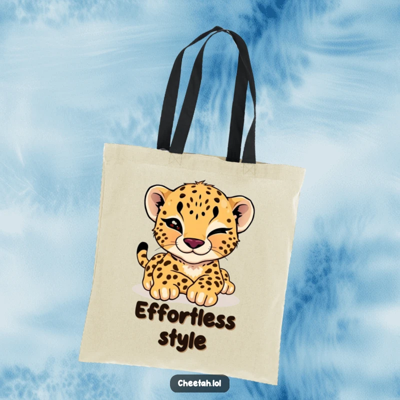 Funny cheetah cub tote bag featuring a cool cub giving a wink while stretching, perfect for carrying essentials with style.