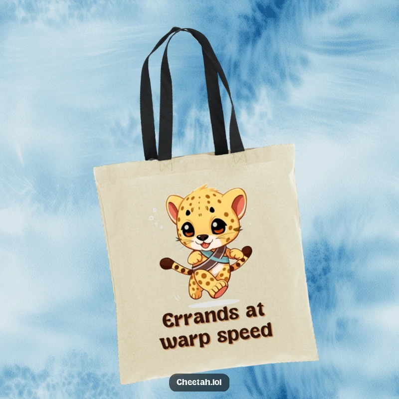 Funny Tote Bag featuring a cheetah cub in a winner's sash, racing with a blurred background, ideal for carrying items with speedy humor.