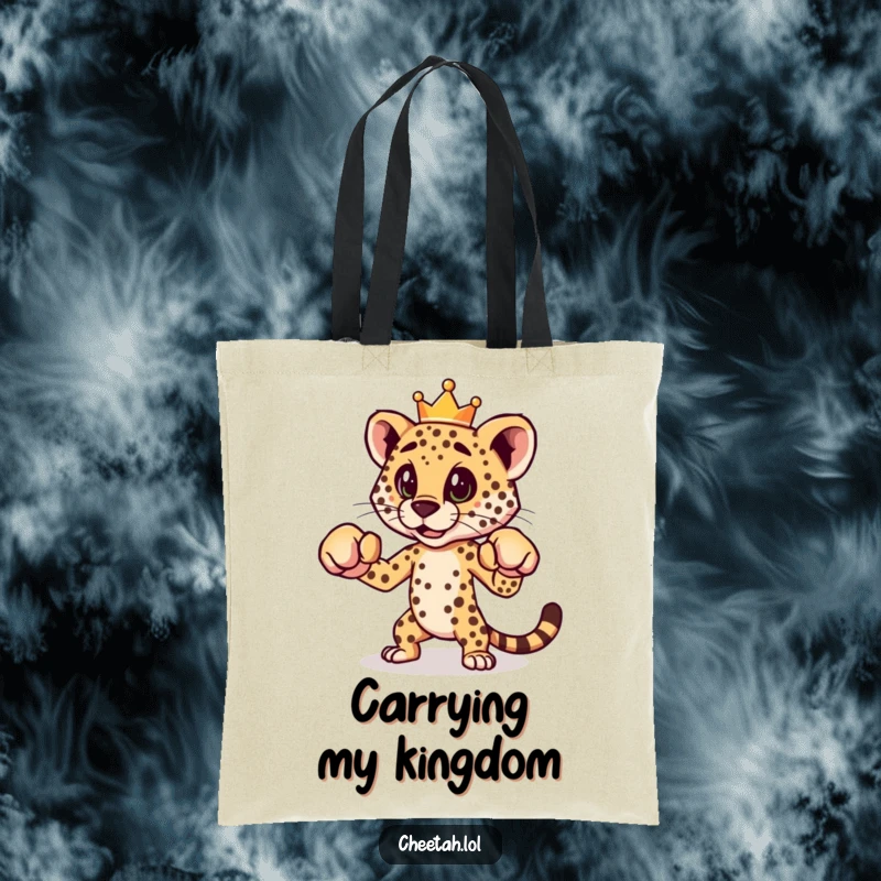 Funny cheetah wearing a crown and a boxing stance on a durable tote bag, perfect for groceries or gym gear.