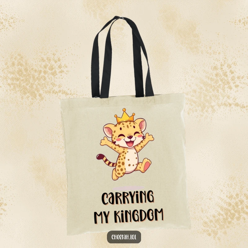 Funny cheetah cub tote bag with a tiny crowned cub in a joyful leap, ready for adventure.