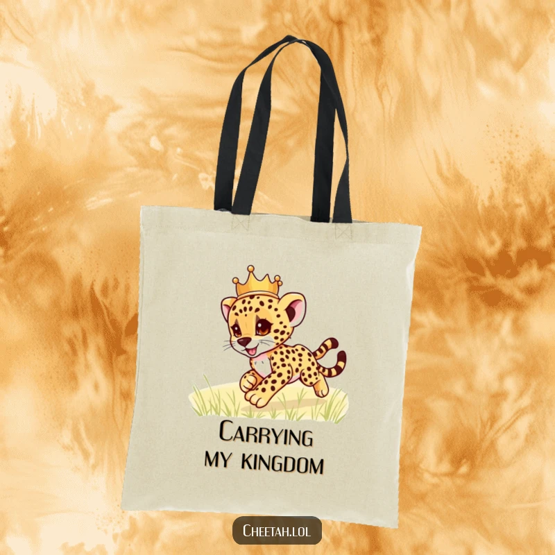 Funny cheetah cub wearing a crown, zooming across a field, on a sturdy tote bag, ready to carry your goods with humor, a funny gift.