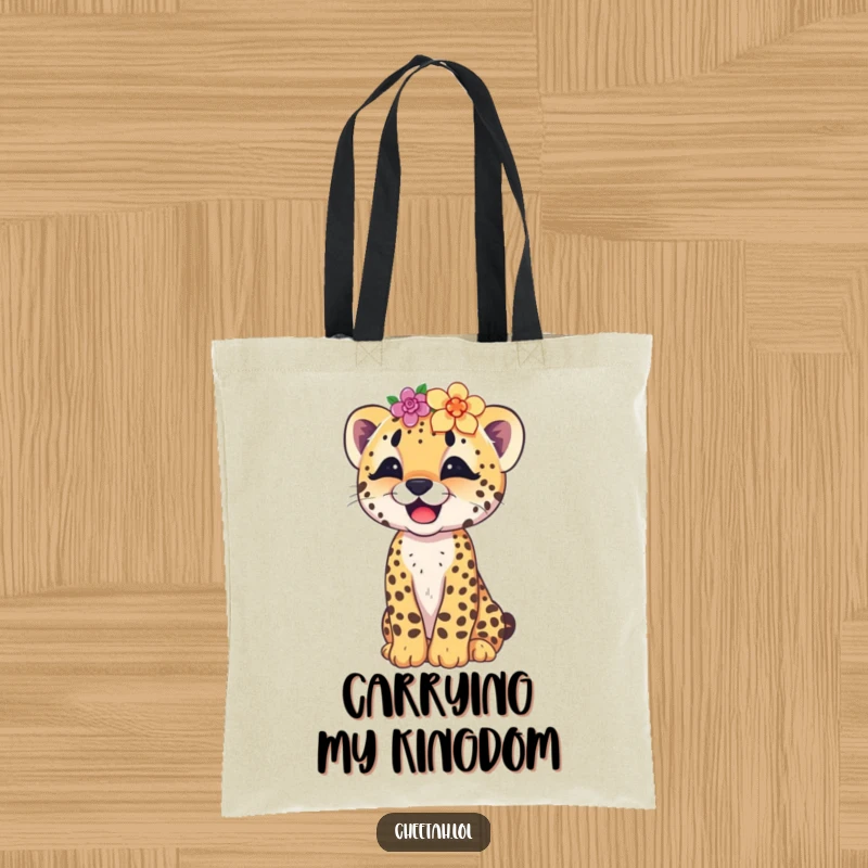 Funny tote bag with a cute cheetah cub giggling while wearing a whimsical flower crown, ideal for shopping or errands.