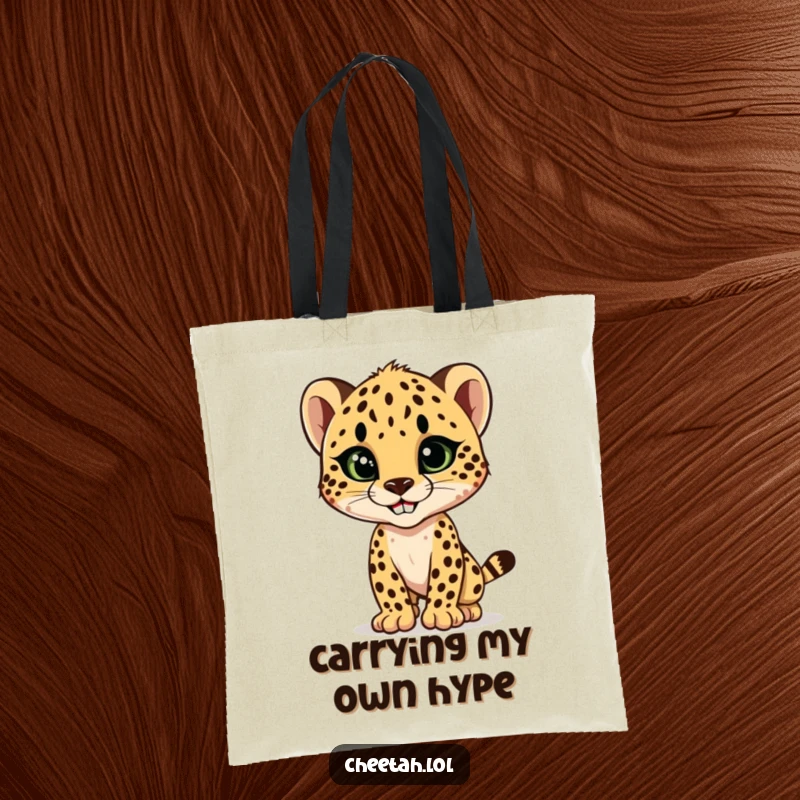 Funny cheetah cub striking a sleek, stylish pose with a confident grin, a fashionable and humorous design on this practical tote bag.